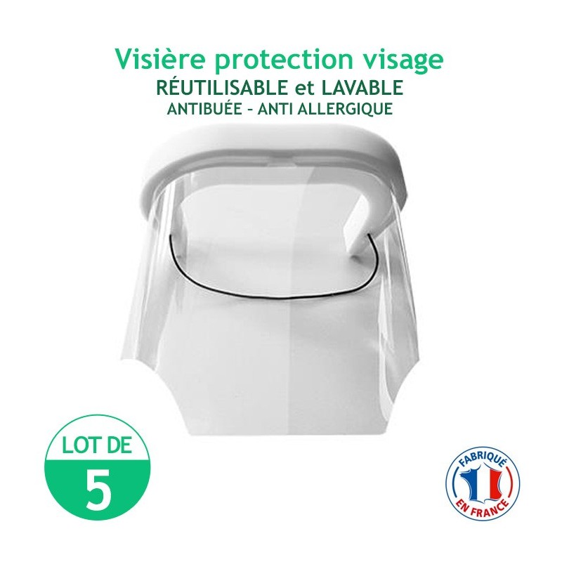 Lot de 5 Visières protection visage - réutilisables et lavables - antibuée – anti Allergique