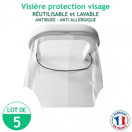 Lot de 5 Visières protection visage - réutilisables et lavables - antibuée – anti Allergique