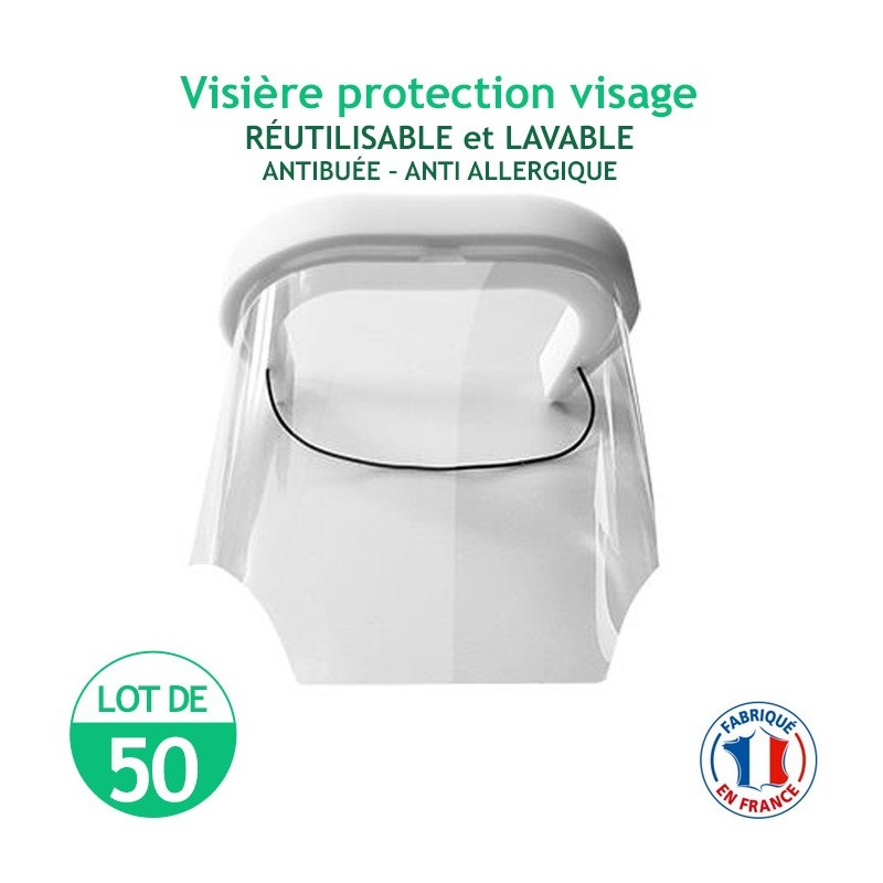 Lot de 50 Visières protection visage - réutilisables et lavables - antibuée – anti Allergique